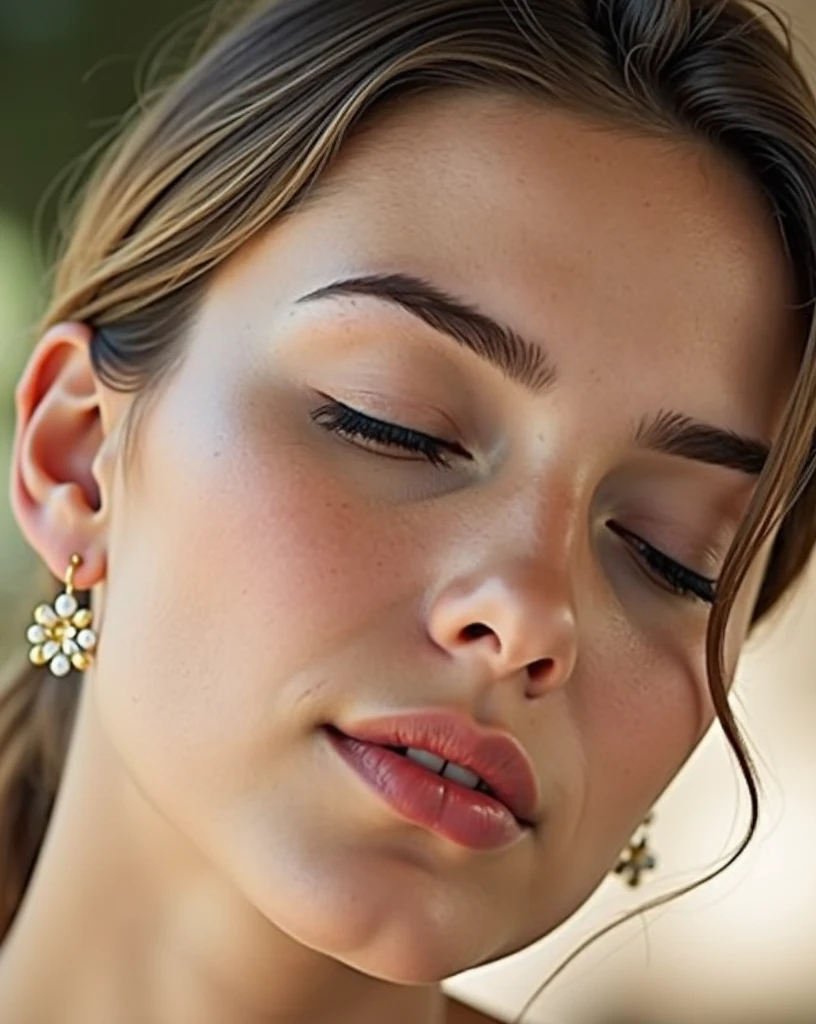 A close-up of a 2 woman, eyes closed and calm expression. long eyelashes and slightly parted pink lips. Her blond hair is tied up, with a loose strand falling over her face. She is wearing small flower-shaped earrings. The background of the image is blurred, further highlighting the woman's delicate features and creating a feeling of softness and introspection.