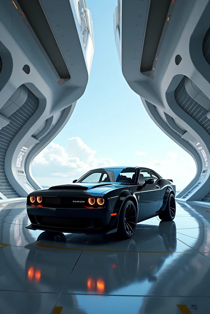 (photorealism:1.2), DODGE CHALLANGER SRT DEMON 170, STAND IN FUTURISTIC SPACESHIP, realistic