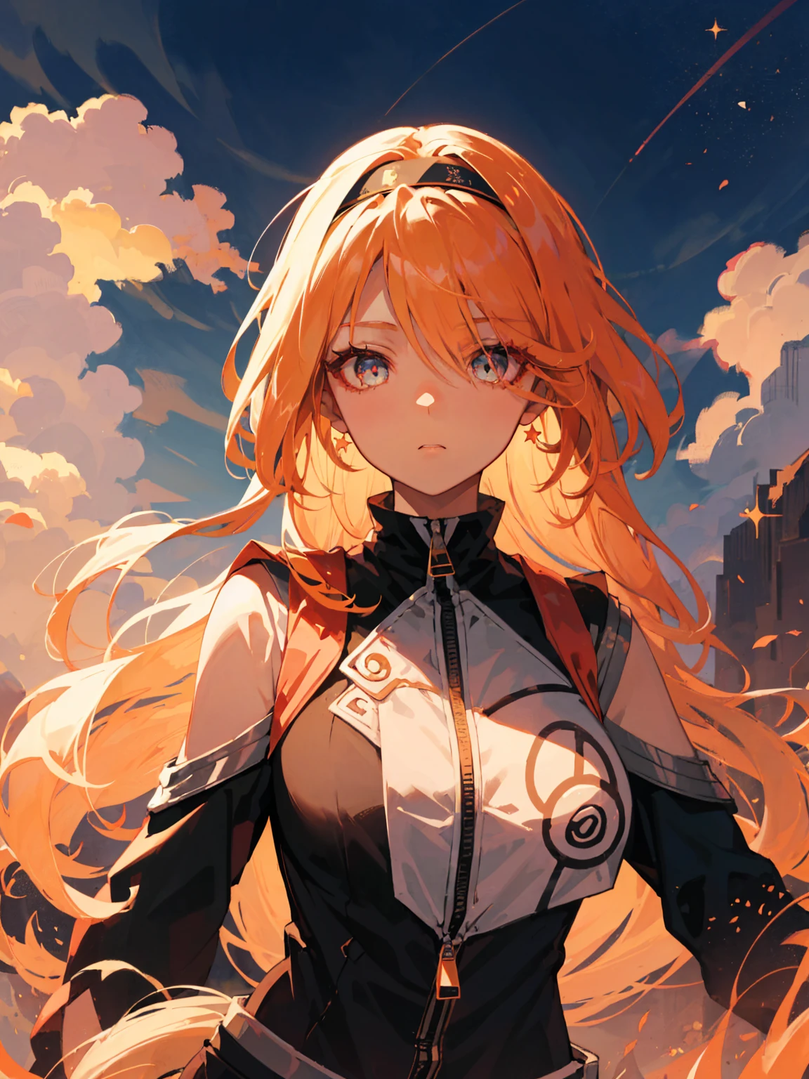 anime gir long hair, anime visual of a cute girl, anime style. 8k, pin on anime, anime vibes, anime style 4 k, anime moe artstyle, anime aesthetic, anime girl desktop background, anime visuals, anime girl with real hair, ethereal anime, anime girl with long hair, beautiful anime portrait , anime , naruto, naruto anime, sharingan background, night time, dark, sharingan, wearing naruto headband, zipper, high collared suit, (cloud pattern:1.3), (red clouds:1.3), (exquisite details), (red garments), no sleeve, sleeveless, (extremely long hair:1.4), (long wavy hair:1.4), perfect breasts, round breasts, dynamic pose, perfect body, perfect anatomy, detailed iris, sparkle eyes, star in eyes, enchanting red eyes, (multicolored eyes), (orange hair:1.3), (long hair:1.3), (hair between eyes), (hair over one eye:1.3), (floating hair:1.3)