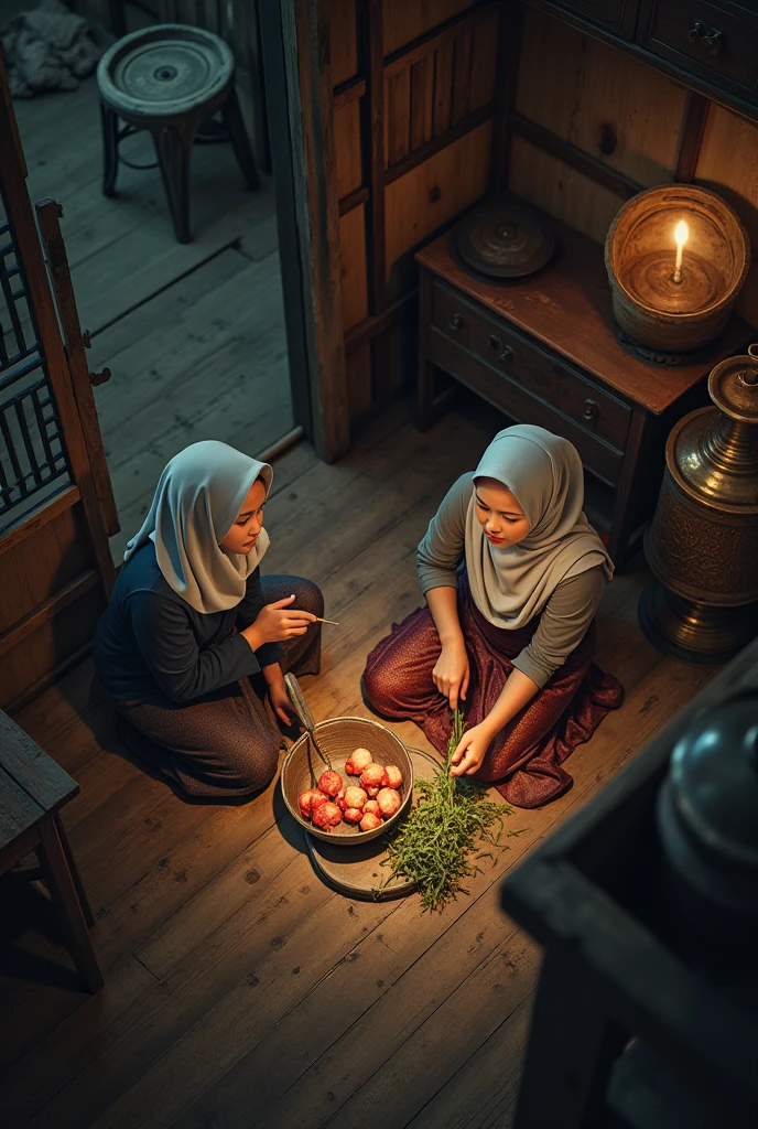 a malay hijab beauty girl wear a shabby shirt and a batik sarong, sitting down on a wooden floor in a wooden kitchen, cutting a vegetable and a meat with her friend, old kettle on stove, a meal in a wok clay stove, old urn, aerial top angle, at night