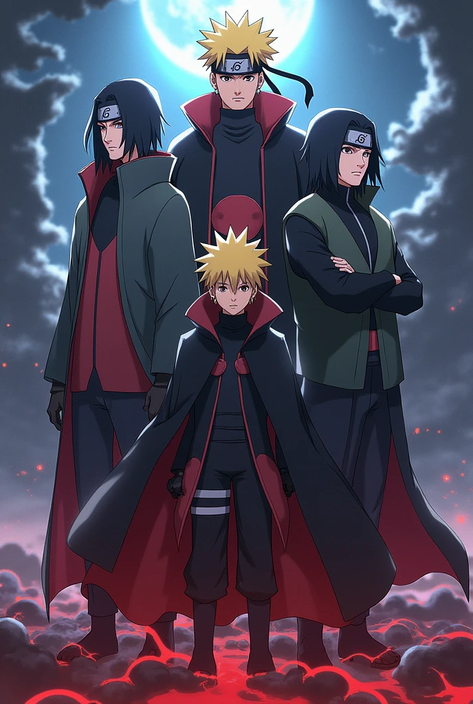 anime, 5 hokages, Tobirama with cool head gear, Hashirama, Minato with yellow hair and cool cape, Uchiha madara, cool, very detailed