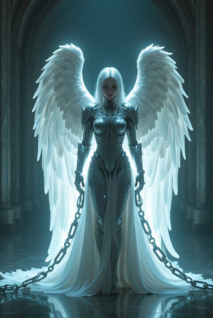 the fallen angel with chains and wings in a dark room, epic angel wings, big white glowing wings, tron angel, wings made of light, angel in plastic armor, super wide angel, archangel, futuristic robot angel, awarded on cgsociety, winged human, stunning cgsociety, winged archer, epic fantasy digital art, massive angel wings, angel, crystal hair, crystal earrings, makeup, Realism, cinematic lighting, UHD, 4K, super detail, anatomically correct, highres