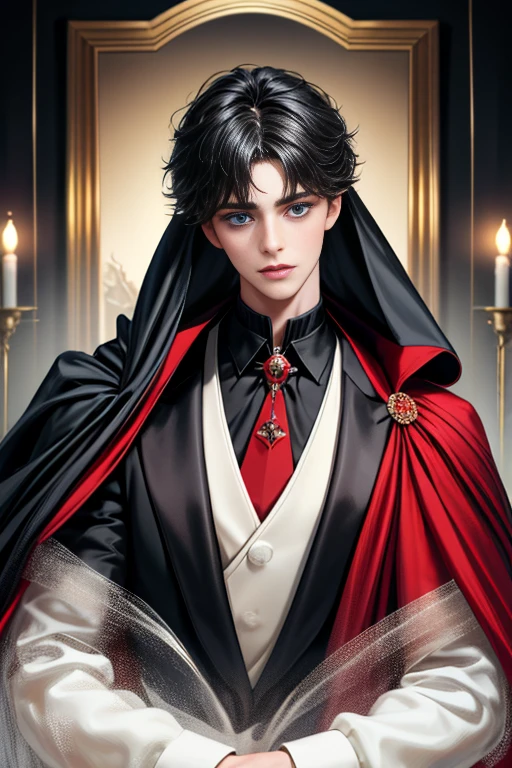 masterpiece, 最high quality, high quality, 1 boy, alone, Male focus, Upper Body,Watching the audience, Messy black hair, Adorable big blue eyes, White, Noble, Noble,A black and red cape that is bursting with sexy volume、Tuxedo、A very voluminous, large, very large, very large, long, long red and black cape with a high stand-up collar, made of a lot of fabric that reaches down to the floor., ,cute beautiful,Cute, cute, kind, handsome guy