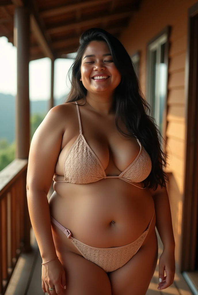 (photorealism:1.2), a beautiful Filipino woman who is slightly overweight. She was wearing a bikini ((she was standing on the roof balcony of a wooden house)). she has a beautiful smile full of enthusiasm. (closed eyes moaning) ((medium hips, thick thighs)) The bright, shining lighting in the image reflects atmospheric light rays. isolation and confinement., csuperior quality, lots of detail, Sharp and realistic Castle focus