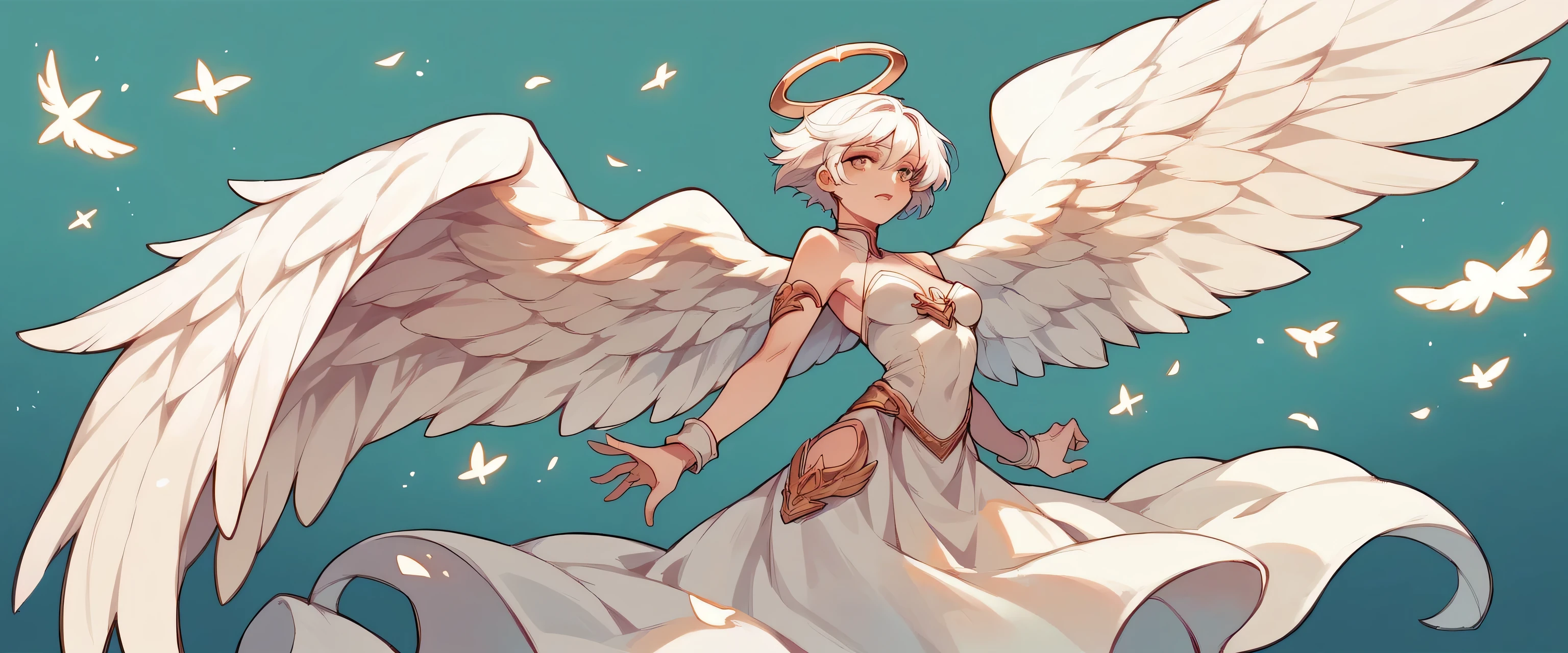 1 angel girl, short white hair, Angel wings, Whole body