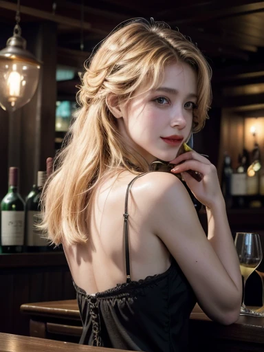 Woman drinking orange wine, Blonde，Long Hair，Staring at the wine、Back view，slim，Authentic interior，restaurant，Optical Lenses, , (Highest quality,4K,8k,High resolution,masterpiece:1.2),Very detailed,(photograph,photophotograph,photo-photograph:1.37),wine cellar，Lots of wine，modern，Dim lighting, Lady customer，Neat black dress，1800s，Smiling woman，Look Down，Spectacular landscapes，turn around、Mojito on the table、Put down the glasses、flower、Smaller person、Lots of liquor bottles background，People on the right、bar、steampunk、Small hands、背景にbarテンダー、steampunk内装，Herbs