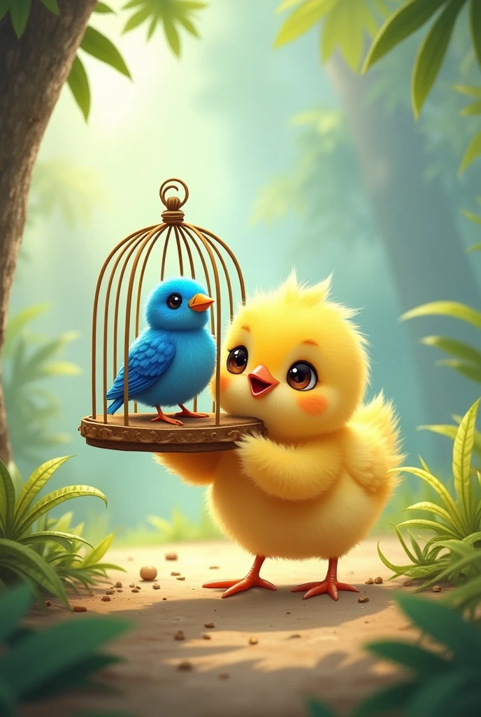 Little yellow chick carrying a cage with a blue bird inside with a cashew