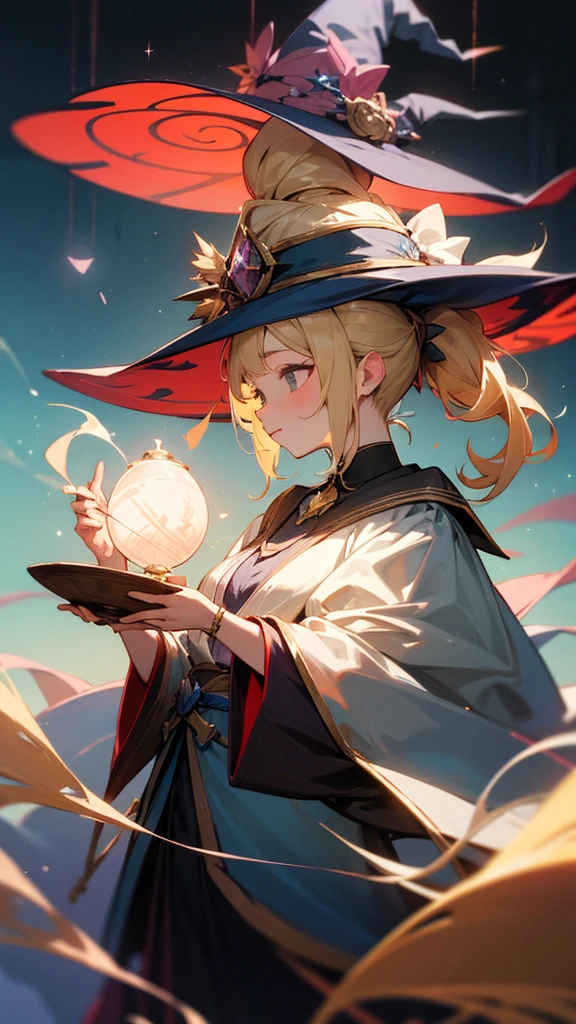 high resolution、ponytail、Blonde Perm、Witch's。Tongari hat、magic、dream-like、beautiful、Fantasy