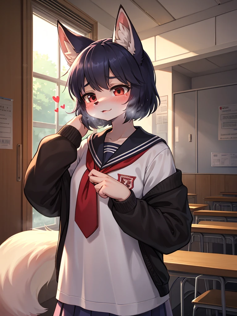horror , The spirit of a female fox disguises herself as a junior high school student and attends a school attended by humans , moist thin eyes , glossy lips , Swollen cheeks , heart is beating fast , steamy breath
