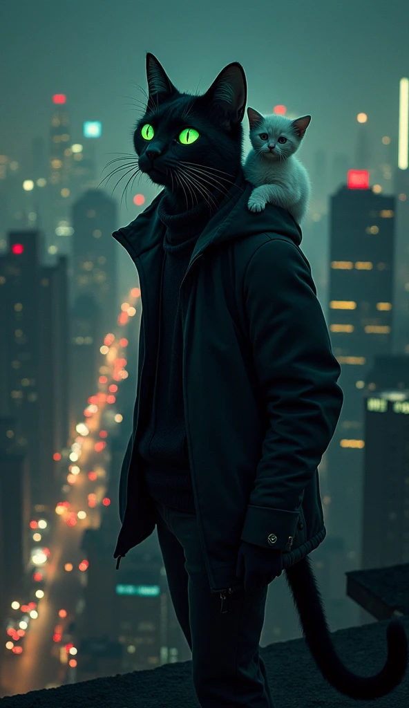 **Whiskers on the Rooftops:**
- Prompt: "A human body cat with a black jacket and black pant with a feline face and glowing green eyes prowling the rooftops of a dark, bustling city at night. The skyline is lit by neon lights, and his small white kitten companion sits perched on his shoulder as he scans the streets below for danger."