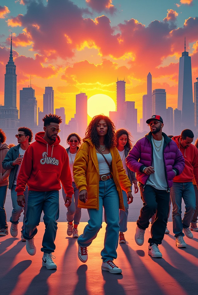 The image is a vibrant collage of a city skyline at sunset, with a group of people dancing in the foreground. dancing stlye reggaeton com roupas de hip hop