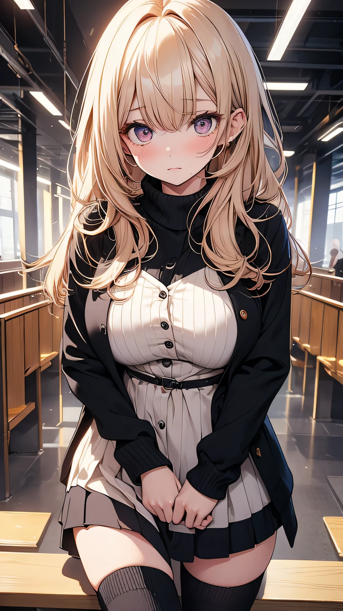 4K resolution,((Highest quality)),Ultra-high resolution,Adult women, alone, sexy, (Sad face), (black eye), Beautiful and symmetrical face, (Golden medium hair),Pink Cardigan,mini skirt,Striped knee-high socks,Realistic:1.4,Realistic:1.4,(masterpiece:1.2),Perfect Eyes,Perfect Eyes,Ample breasts,Curvy Body,Perfect Legs,Inside the building