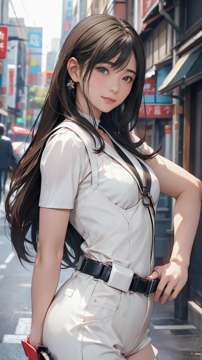 high resolution、High definition、High sensitivity、8k.Japanese、、1、cute、Idol face、Two Side Up Hair、slender、Mid-chest、(black and white high leg bodysuit:1.2)、See-through、Harness Belt、Gun Holder、(POLICE armband:1.3)、Vibrant、(Hold a gun、Firing:1.3)、bustling street、