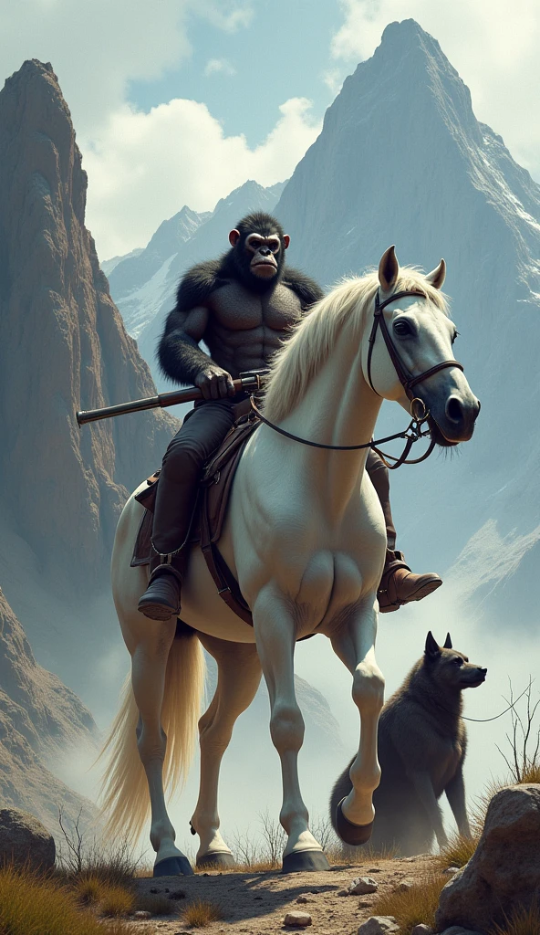 "An imposing mountain with steep cliffs and rugged terrain stands tall in the background. In the foreground, a majestic white horse stands strong, carrying an ape with a muscular build. The ape is holding a rifle, gripping it firmly in one hand while looking out into the distance with an intense expression. Beside the horse, a large, fierce-looking dog sits alertly, its gaze focused, as if guarding the ape and horse. The scene feels adventurous and dangerous, set against the wild natural beauty of the mountain."