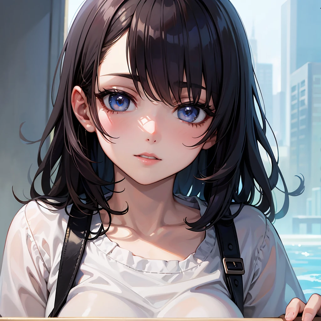 2D, masterpiece, Highest quality, anime, Very detailed, One beautiful girl、against_Glass、face press、clear、Black Hair、blouse、No bra、Straight Hair、Stealth Sex、School、Watery eye、