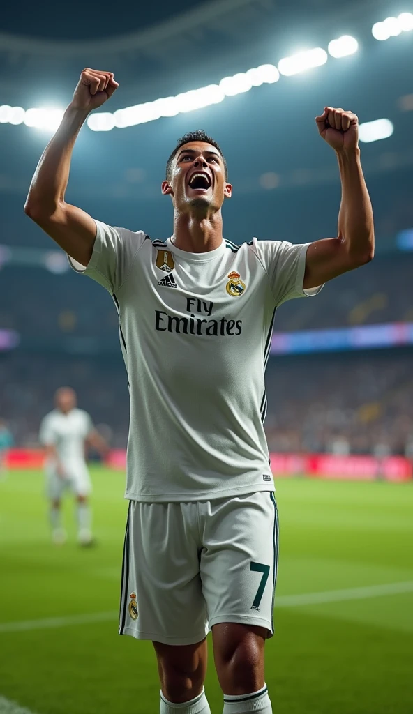 Photorealistic, 64K, A realistic christiano ronaldo [wearing real madrid soccer jersey number 7] standing up celebrating his goal iconic