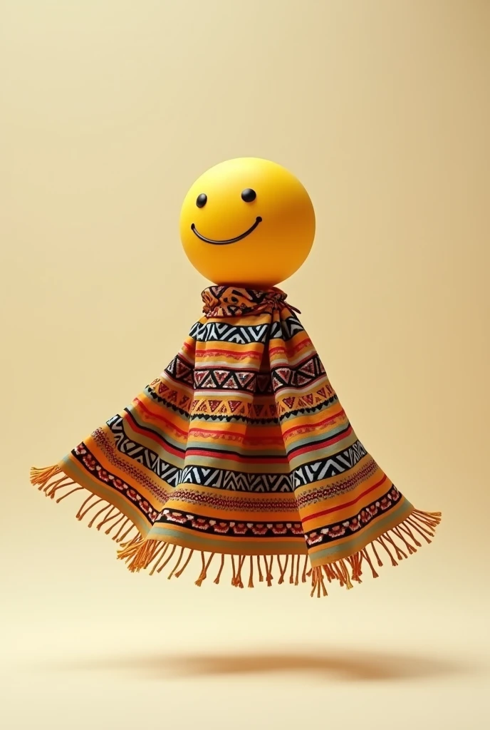 Yellow circular emoji with a face but with a cape from the Inca civilization without a body, the cape is floating and also has no background