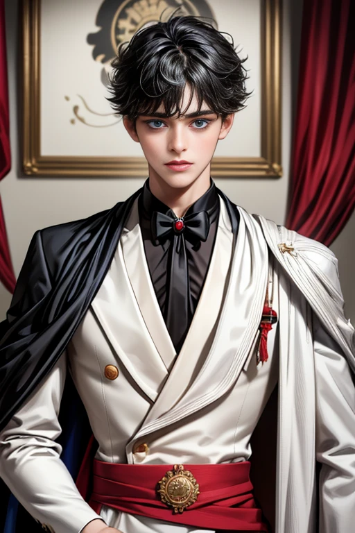 masterpiece, 最high quality, high quality, 1 boy, alone, Male focus, Upper Body,Watching the audience, Messy black hair, Adorable big blue eyes, White, Noble, Noble,A black and red cape that is bursting with sexy volume、Tuxedo、A very voluminous, large, very large, very large, long, long red and black cape with a high stand-up collar, made of a lot of fabric that reaches down to the floor., ,cute beautiful,Cute, cute, kind, handsome guy