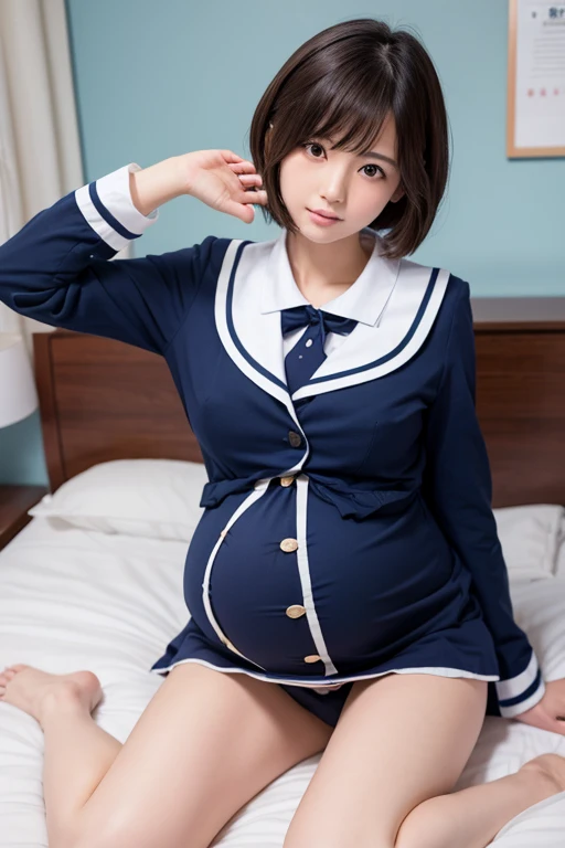 Pregnant short-haired Japanese high school girl in uniform lying in bed Highest quality 8K small bust Thin legs Thin thighs
