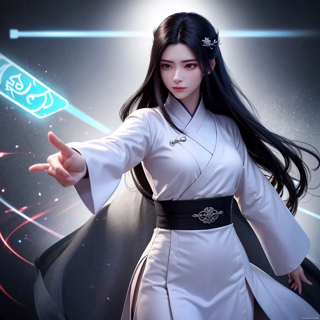 A handsome Chinese girl, Sharp eyes, Clear facial features, Wearing Hanfu, Fighting Stance, Martial Arts Action, The body is surrounded by purple mist, Surrounding Runes, Holographic Reality, Holographic Aura, Motion Blur, Game lighting effects, Rim Light, Soft Light, movie Rim Light, Exquisite lighting, masterpiece, Very detailed, Epic creation, Ultra HD, high quality, best quality, 32K