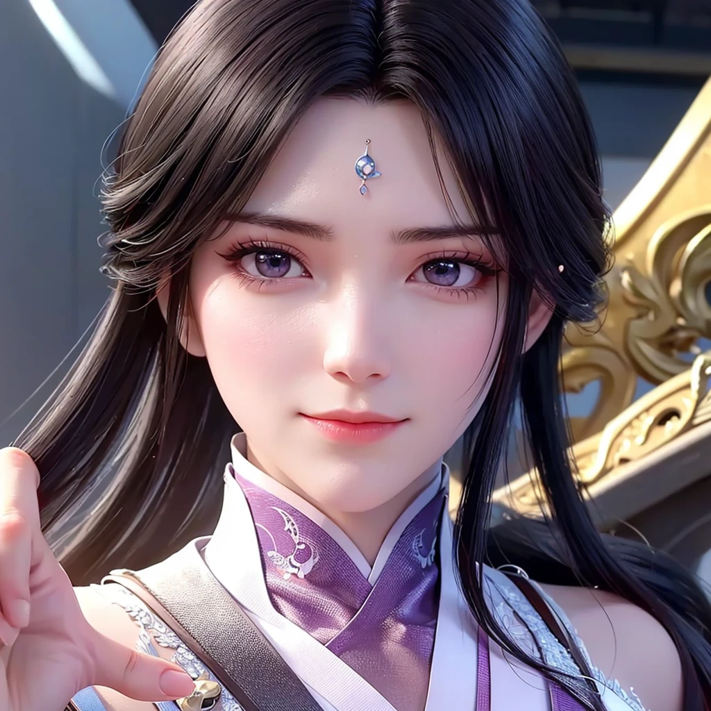 A handsome Chinese girl, Sharp eyes, Clear facial features, Wearing Hanfu, Fighting Stance, Martial Arts Action, The body is surrounded by purple mist, Surrounding Runes, Holographic Reality, Holographic Aura, Motion Blur, Game lighting effects, Rim Light, Soft Light, movie Rim Light, Exquisite lighting, masterpiece, Very detailed, Epic creation, Ultra HD, high quality, best quality, 32K