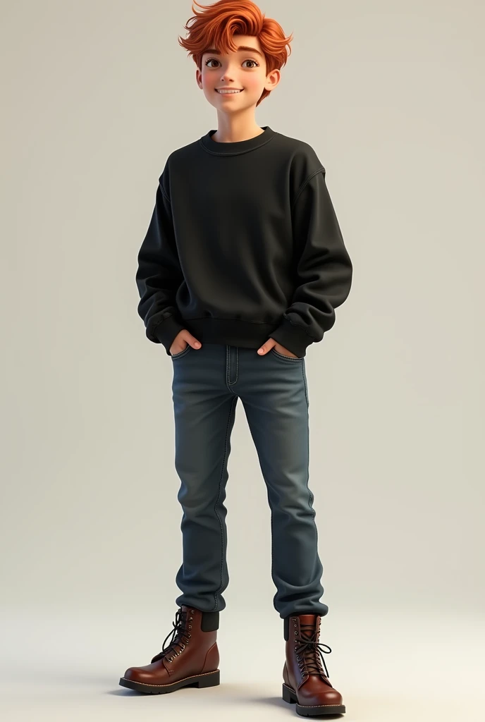 fully body, boy, 18-years old, Red hair, black sweatshirt, detailed eyes, smile lightly, jeans, leather boots