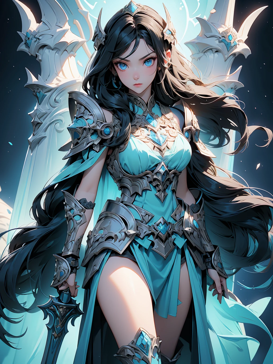 Design a layout showcase Gaming character, (1girl). A breathtakingly beautiful young slender female Paladin with long tied, flowing, black hair and intense blue eyes , wearing an ornate godly armor(extremely detailed:1.2) , wielding an ornate mace and shield ((full_body_shot:1.4)))