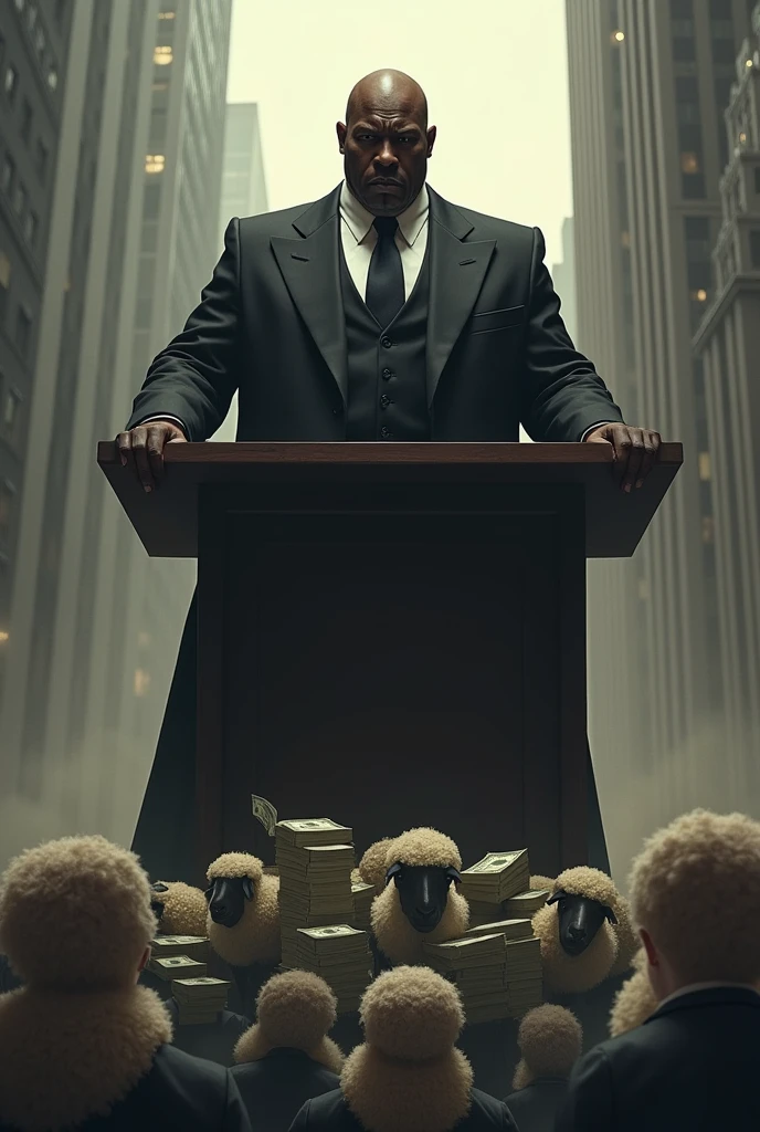 Give me an image of a tyrant in power who is a black mayor who subdues his citizens, with sheep behind, and with a lot of money on top