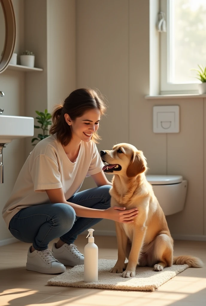 The image depicts a modern, well-lit domestic bathroom with neutral tones and white and gray accents. At the center of the image, a young woman, smiling and with a satisfied expression, is crouching beside a medium-sized dog. The dog, with short, light brown fur, is sitting on a training pad placed in a corner of the bathroom, looking happy and calm, as if being praised for using the correct spot for its needs.The woman is casually dressed in a light-colored blouse and jeans, extending her hand to pet the dog in a gesture of affection. In the background, details of the bathroom, such as a modern toilet and a sink with a mirror, are visible, but the focus of the image remains on the positive interaction between the woman and the dog.On the floor, next to the training pad, there is a small spray bottle, suggesting that the environment has been prepared for the dog's training. The lighting is soft, creating a warm and clean atmosphere, conveying the idea that the bathroom is a safe and appropriate space for the dog to learn where to relieve itself.