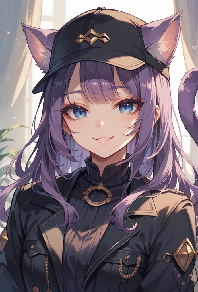 1 girl, cat ears, purple cat tail, by the wide, hits, purple hair, beautiful blue eyes, eyeliner, long eyelashes, soft smile, neck, black cap, old