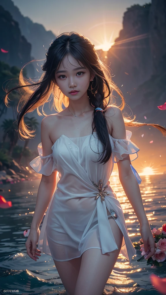 8k, 。...........3D, realist, Ultra Micro Photography, of the highest quality, Super detalle CG Unity 8k,Beautiful woman with water drops,neon light,random background,Sunrise,Bokha mood, Long and loose hair,The petals fall in the wind,Nikon Photo Effect