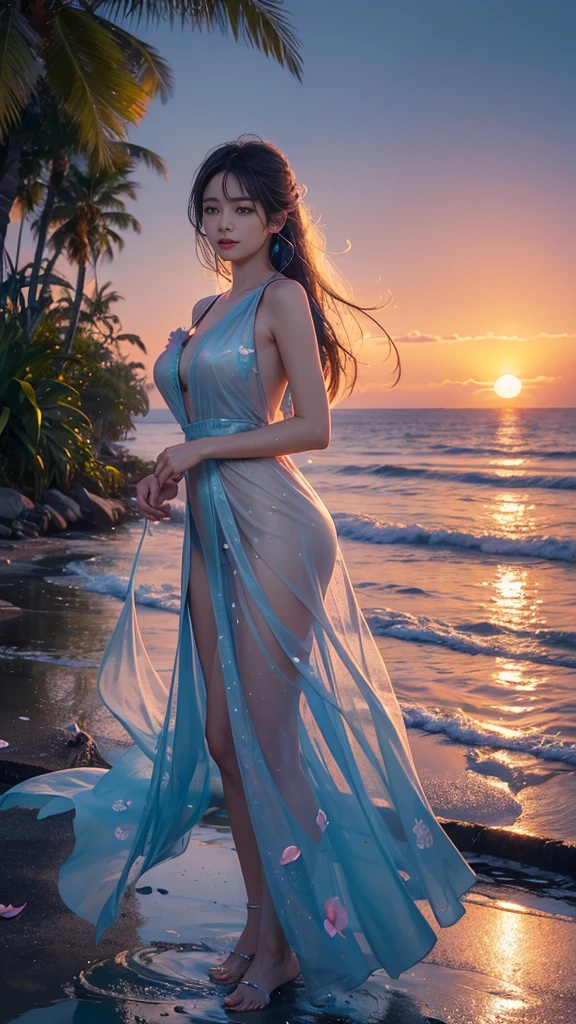 8k, 。...........3D, realist, Ultra Micro Photography, of the highest quality, Super detalle CG Unity 8k,Beautiful woman with water drops,neon light,random background,Sunrise,Bokha mood, Long and loose hair,The petals fall in the wind,Nikon Photo Effect