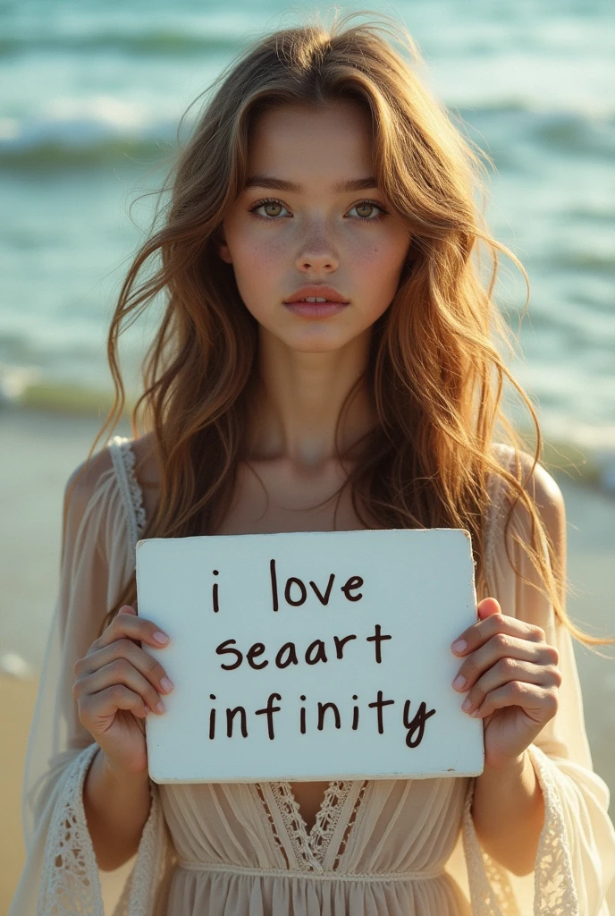 Beautiful girl with wavy long hair, bohemian dress, holding a white board with text "I Love Seaart Infinity" and showing it to the viewer