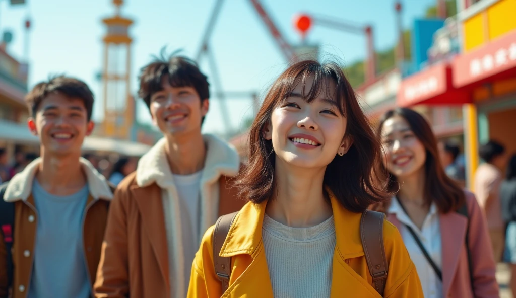 Two male and three female Japanese university students dressed in fashionable clothes are looking at an amusement park with cheerful expressions,Excited, Photo of your face, In the amusement park, with a natural look, With a slightly tired look, tilt your face a little, Diagonal orientation, Average face