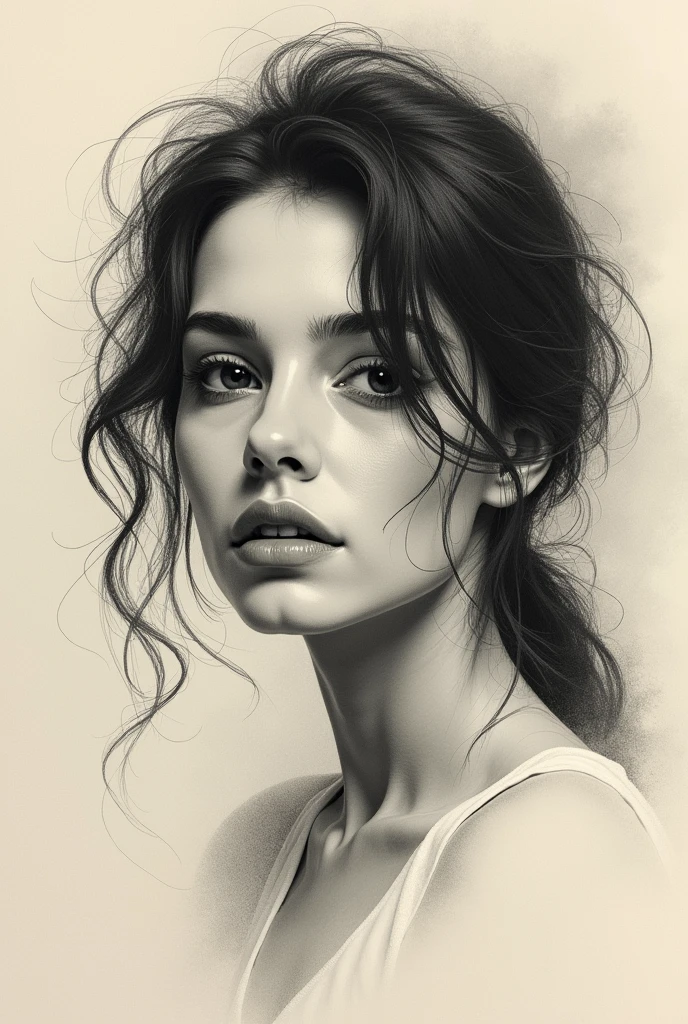 A stunning freehand sketch of a woman&#39;s portrait, masterfully rendered in conté crayon and charcoal. The subject has a thoughtful expression, the head tilted slightly, and his gaze lost in contemplation. The low contrast, faded appearance gives the portrait a nostalgic feel, with clear, blurred lines that look like they&#39;ve been smudged with a finger. The subtle play of shadows and light adds depth to the sketch., showing the artist&#39;s exceptional mastery of the technique., painting-like, illustration