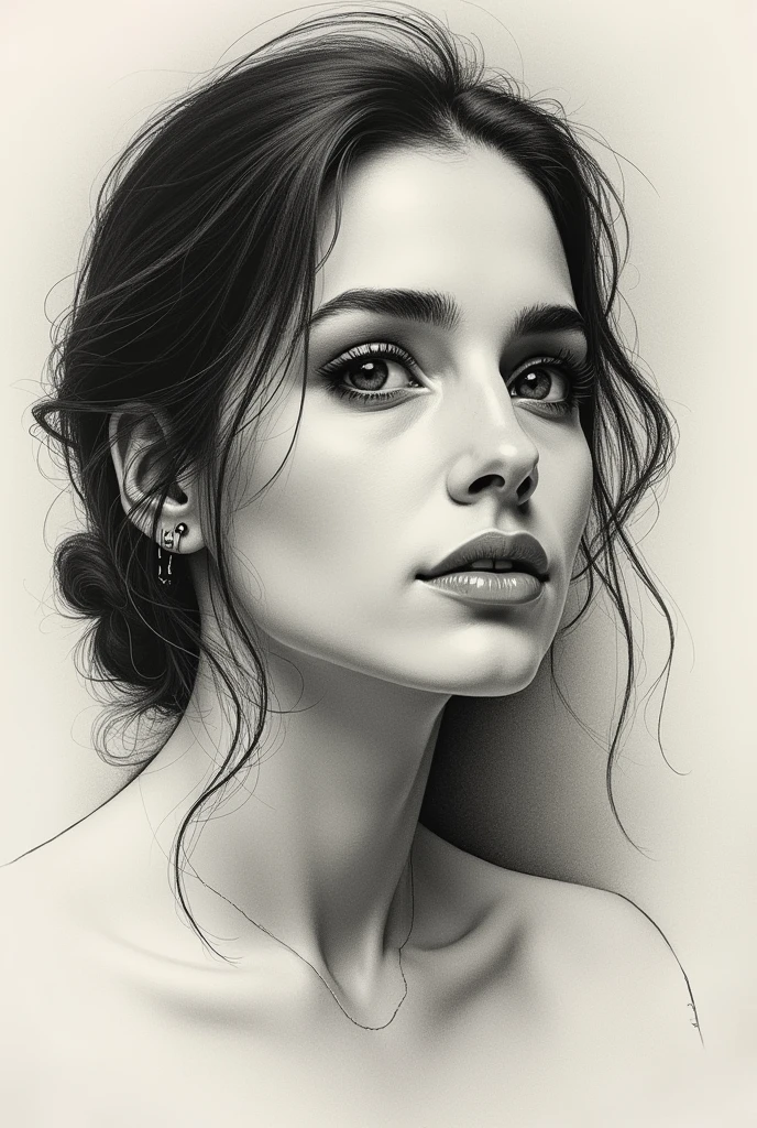 A stunning freehand sketch of a woman's portrait, masterfully rendered in conté crayon and charcoal. The subject has a thoughtful expression, the head tilted slightly, and his gaze lost in contemplation. The low contrast, faded appearance gives the portrait a nostalgic feel, with clear, blurred lines that look like they've been smudged with a finger. The subtle play of shadows and light adds depth to the sketch., showing the artist's exceptional mastery of the technique., painting-like, illustration