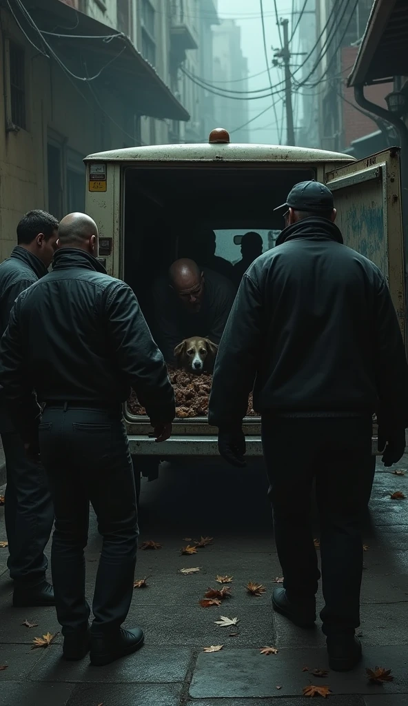 **Syndicate Thugs Loading Animals:**
- Prompt: "A group of rough-looking thugs wearing dark clothing, loading frightened animals into a van in a dimly lit alley. The van is old and grimy, with the thugs’ faces partially obscured in the shadows. The scene is tense, and there’s a sense of danger in the air."