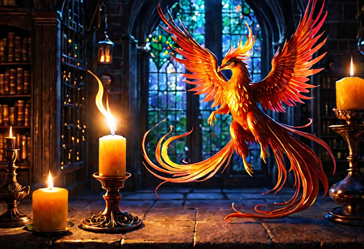 A fairy phoenix flits away from a candle in a dim Wizards laboratory
