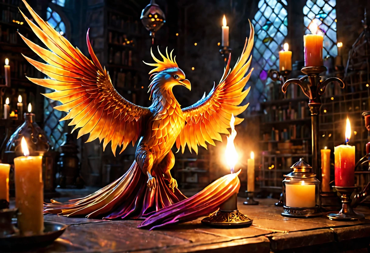 A fairy phoenix flits away from a candle in a dim Wizards laboratory