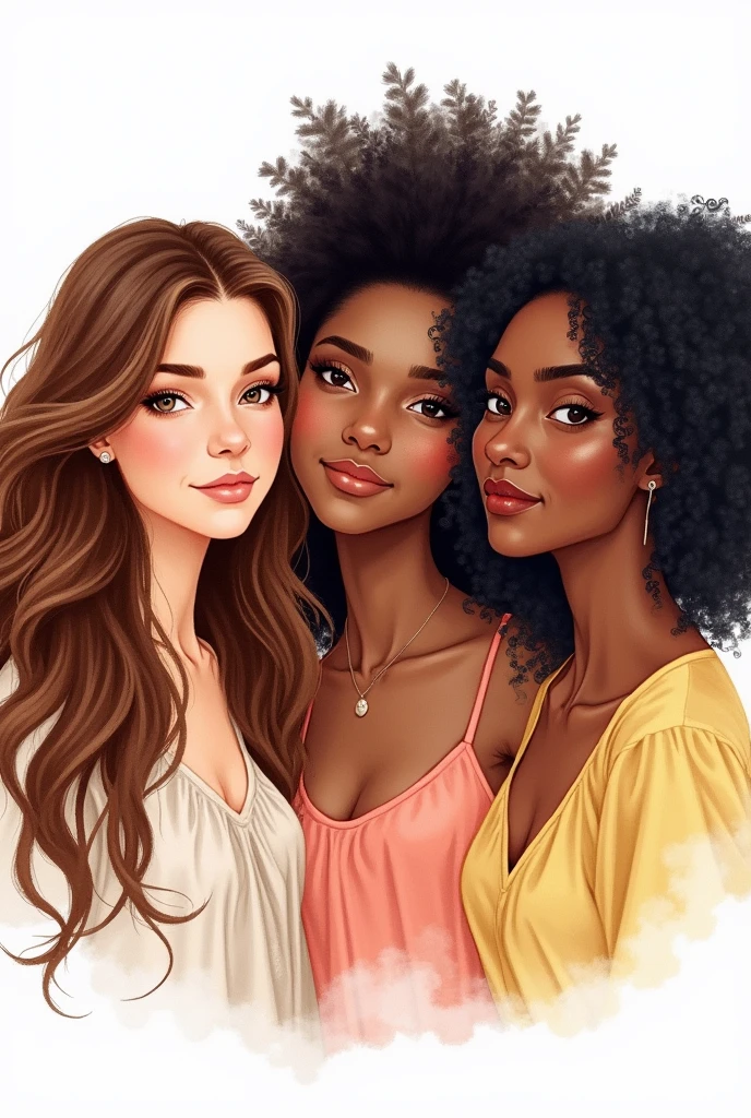 A light-skinned woman ,clear eyes,long wavy brown hair, another a dark-skinned woman,long, curly black hair ,eyes black,another brown skin woman ,short slightly curly black hair,they are in the center of the scene ,hand drawn watercolor style, white background