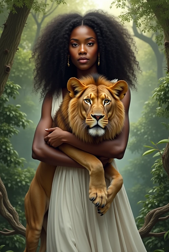 Black girl with curly hair, brown eyes, white dress, queen of animals with a lion in her arms