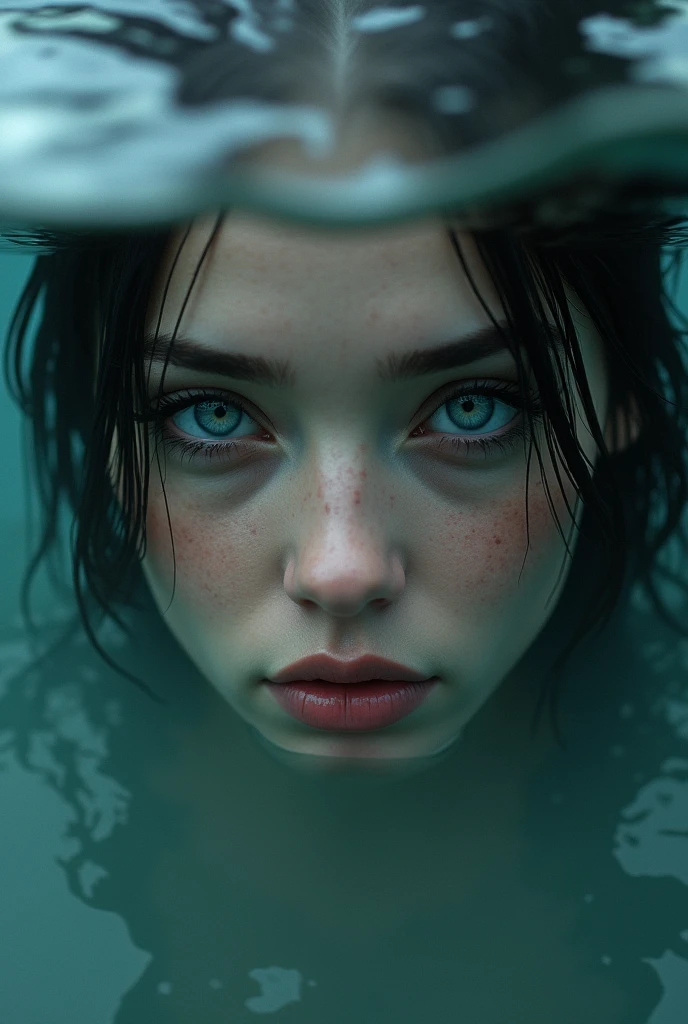 the face of woman with beautiful blue eyes, in water, in the style of dystopian realism, realistic perspective, xbox 360 graphics, surrealistic realism, emotive realism, soggy, eerily realistic --ar 9:16 --stylize 750 --v 6