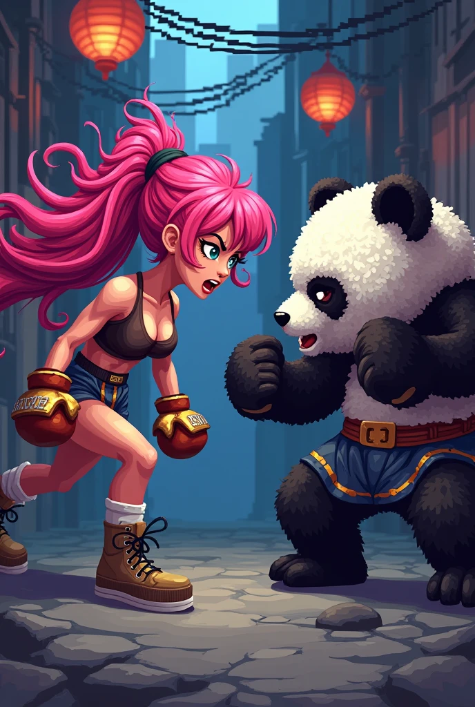 masterpiece, Highest quality, 8k, Pixel art, Pixel art, Vivid, (Muay Thai Fighter, Murder Panda, Fighting) break Little Sheep, young woman, Open your mouth, Fluffy hair, Long Hair, Hair like sheep's hair, Pink Hair, eyebrow, Alleyebrow, 1'm rooting for you