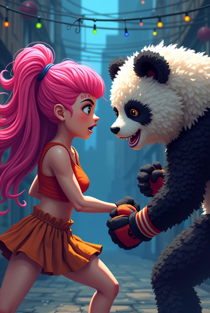 masterpiece, Highest quality, 8k, Pixel art, Pixel art, Vivid, (Muay Thai Fighter, Murder Panda, Fighting) break Little Sheep, young woman, Open your mouth, Fluffy hair, Long Hair, Hair like sheep's hair, Pink Hair, eyebrow, Alleyebrow, 1'm rooting for you