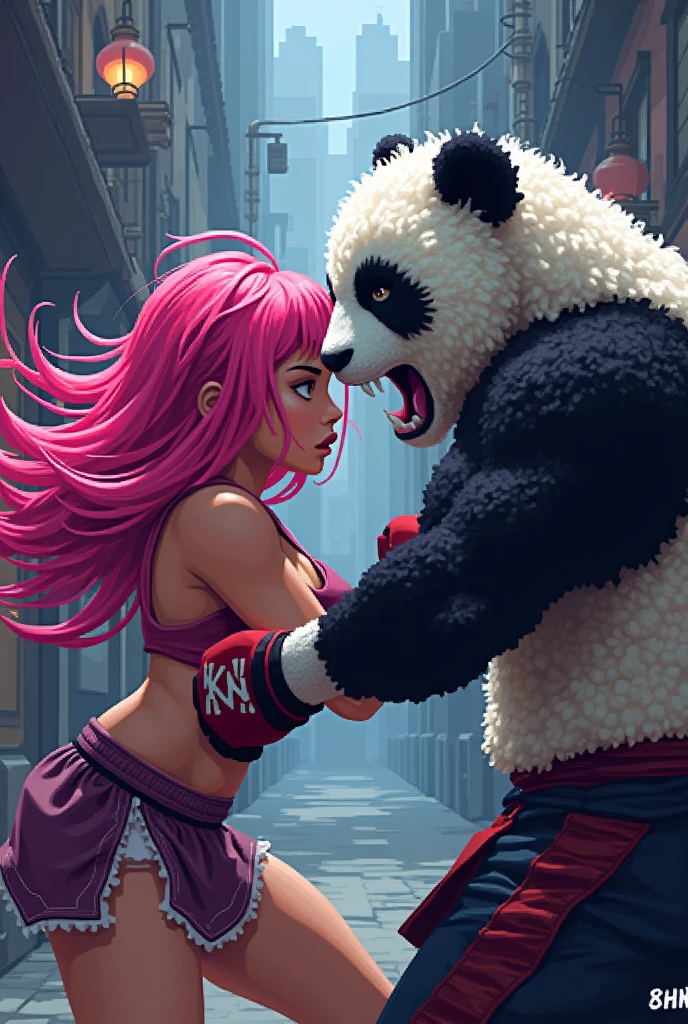 masterpiece, Highest quality, 8k, Pixel art, Pixel art, Vivid, (Muay Thai Fighter, Murder Panda, Fighting) break Little Sheep, young woman, Open your mouth, Fluffy hair, Long Hair, Hair like sheep's hair, Pink Hair, eyebrow, Alleyebrow, 1'm rooting for you