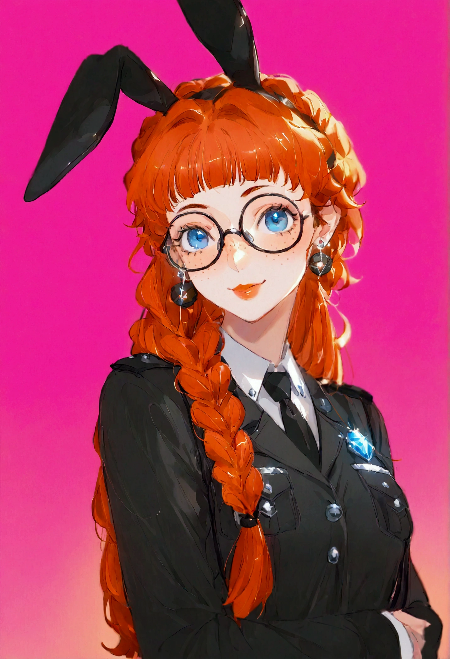 score_9, score_8_up, score_7_up, aurora (league of legends), 1girl, blue eyes, bunny ears, freckles, bangs, braid, dressed as a police officer, round glasses, earrings, smile, red hair, short and wavy