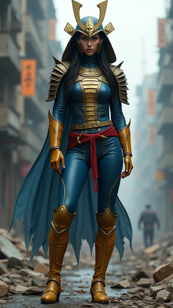 A beautiful woman under the cloak of Big Barda has long hair, black and almost always hidden by his samurai helmet. His eyes are light blue. Her superheroine costume is samurai themed.. His usual costume includes a blue leather jumpsuit with scales and a gold armor top over his jumpsuit, thick red belt, boots and burnt yellow gloves on his knees in an apocalyptic city with a lot of destruction.
