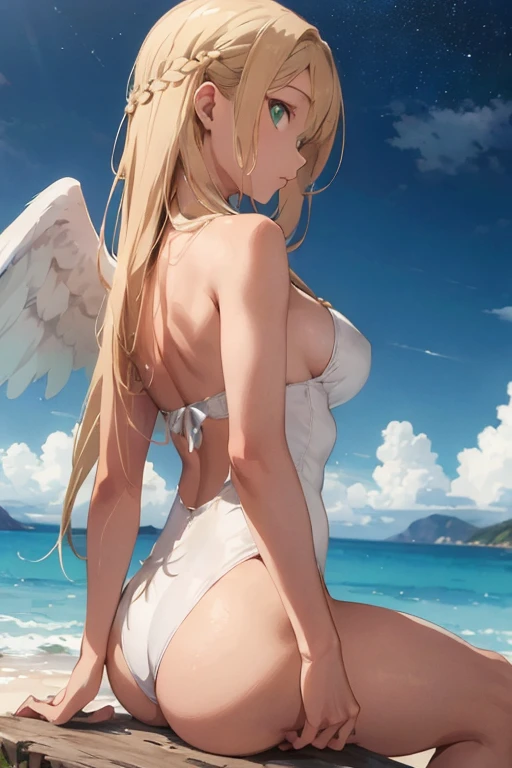 ((Best Quality)), ((masterpiece)), (detailed), 1 girl, with white leotard, long blond hair, green eyes,angel wings on the back, tanned skin, big breasts,sitting, crossed legs,((Whole body)), ((right side profile view))..