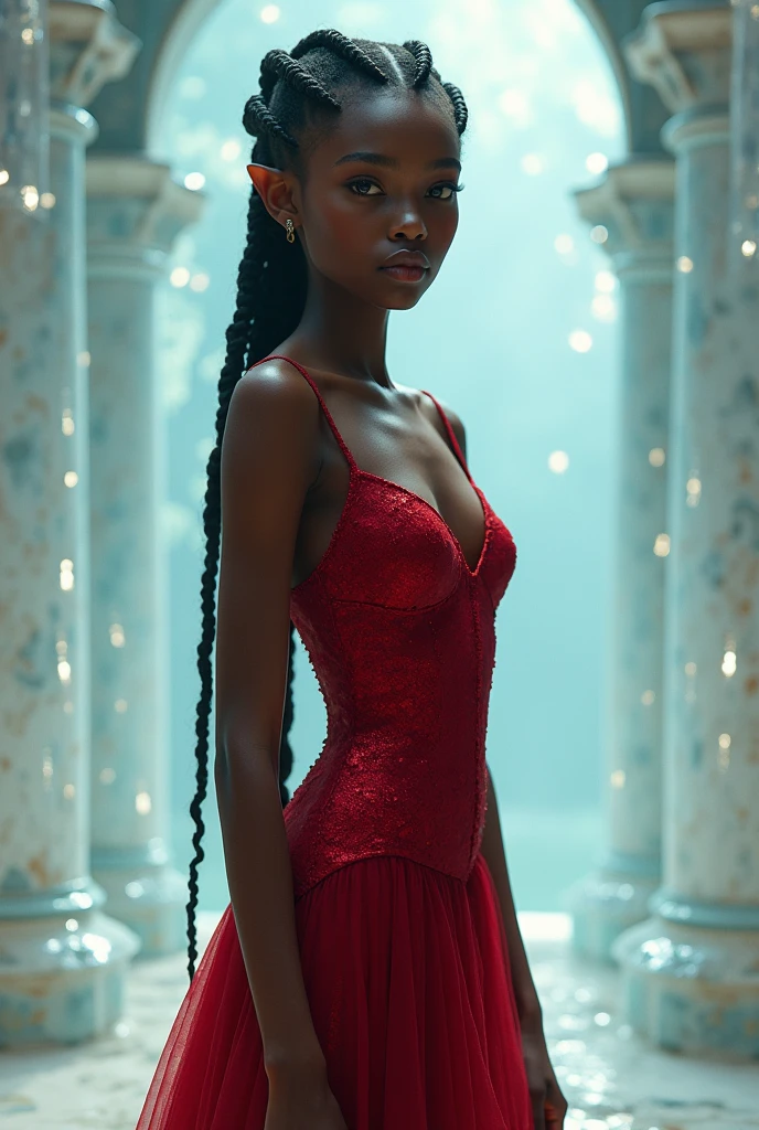 Black woman with cool skin tones, age 25, small, fleshy mouth, amber almond eyes , Oval face, upturned button nose, small fairy ears, This is in a crystal palace, wears a beautiful blood red dress that fits her body perfectly, her hair is in braids