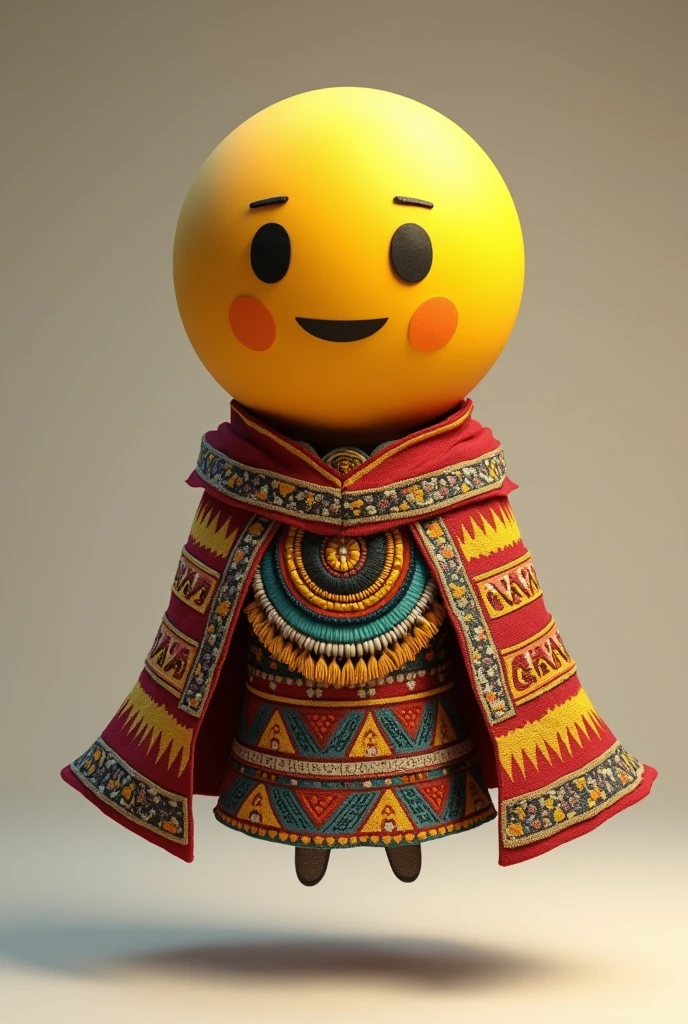 Yellow circular emoji with a face but with a cape from the Inca civilization without a body, the cape is floating behind the neck and it also has no bottom